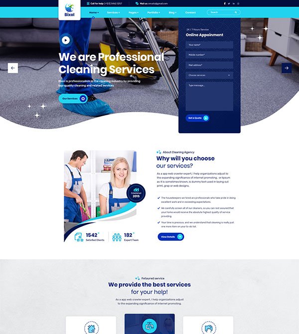 Landing page layout showcasing cleaning service about.