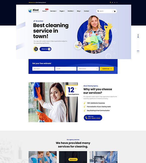 Web page screenshot featuring a cleaning service homepage.