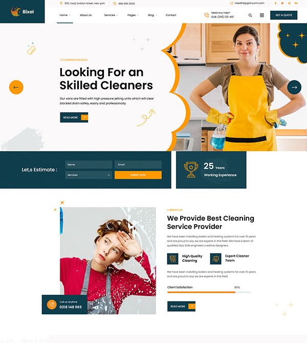 Modern cleaning services website showcasing a smiling professional.
