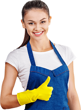 Confident cleaner giving thumbs up while wearing apron and gloves.
