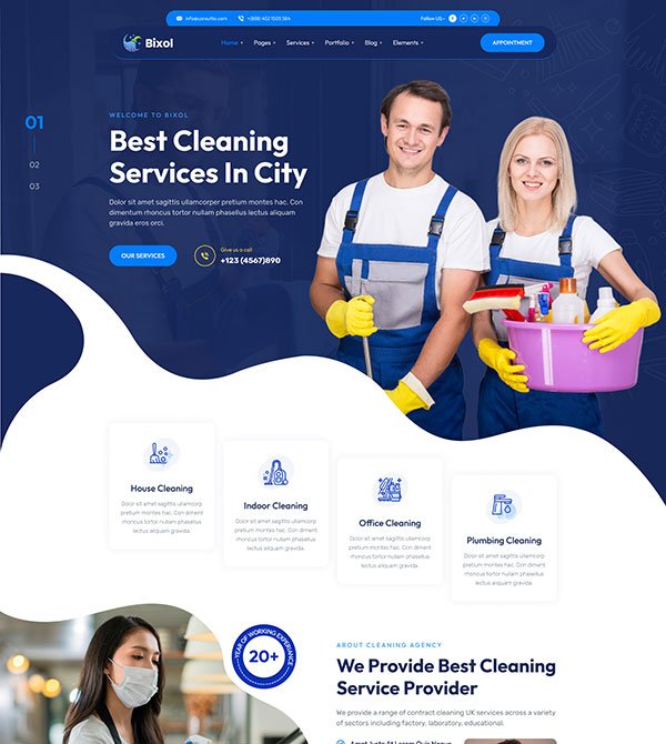 Modern cleaning service website header with a uniformed team and service icons.