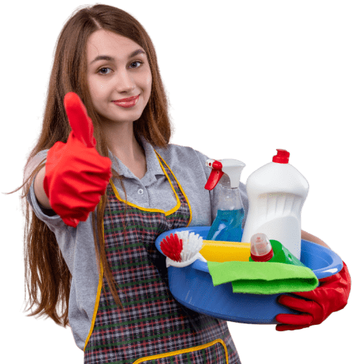 Happy cleaning lady in apron giving thumbs up while holding a basket of supplies.