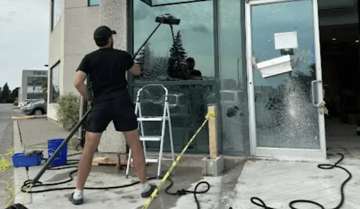 Exterior commercial window cleaning in Toronto by H&M Maid.