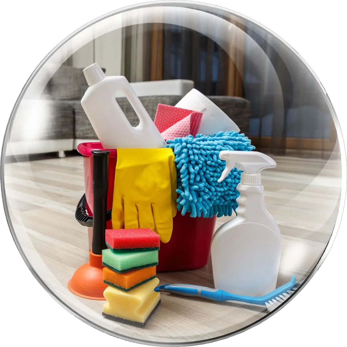 Assorted professional cleaning supplies including sprays, sponges, and brushes in a bucket on the floor.