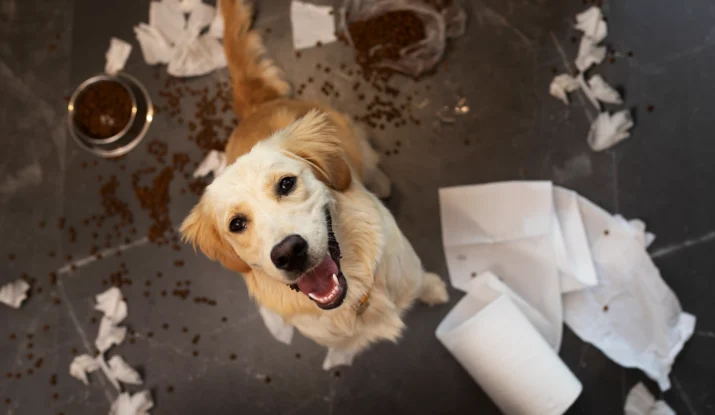 Happy golden retriever sitting amid spilled dog food and paper towels on a tiled kitchen floor